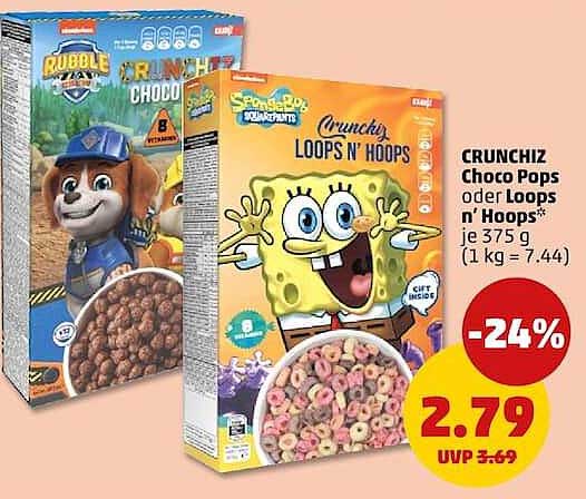 CRUNCHIZ Choco Pops oder Loops n’ Hoops* je 375 g (1 kg = 7.44)
