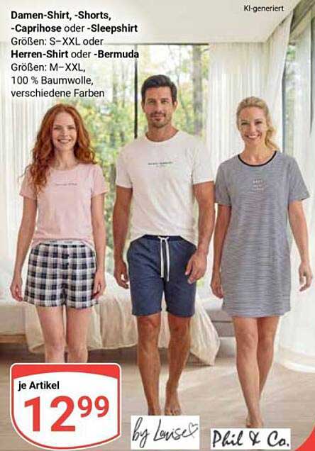 Damen-Shirt, -Shorts, -Caprihose oder -Sleepshirt Größen: S-XXL oder Herren-Shirt oder -Bermuda Größen: M-XXL, 100 % Baumwolle, verschiedene Farben