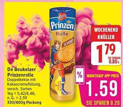 De Beukelaer Prinzenrolle Doppelkekse mit Kakaocremefüllung, versch. Sorten 1kg = 5,42/4,48, h. G. = 2,59 330/404g Packung