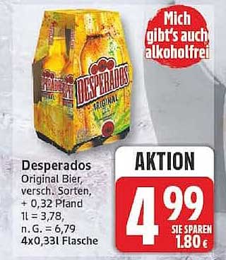 Desperados Original Bier, versch. Sorten, + 0,32 Pfand, 1l = 3,78, n. G. = 6,79, 4x0,33l Flasche