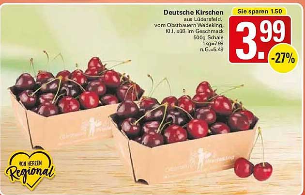 Deutsche Kirschen aus Lüdersfeld, vom Obstbauern Wedeking, Kl. I, süß im Geschmack 500g Schale