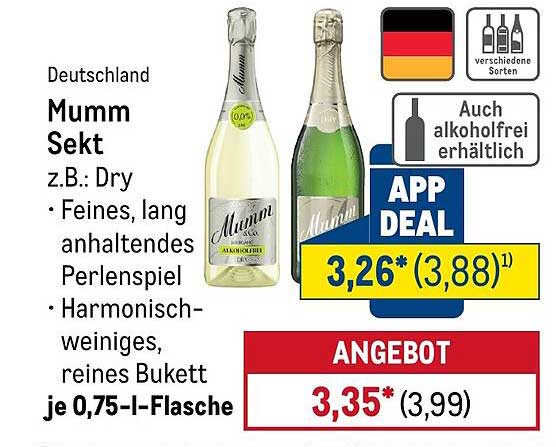 Deutschland Mumm Sekt z.B.: Dry • Feines, lang anhaltendes Perlenspiel • Harmonisch-weiniges, reines Bukett je 0,75-l-Flasche