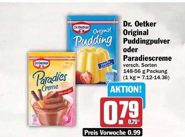Dr. Oetker Original Puddingpulver oder Paradiescreme versch. Sorten 148-56 g Packung (1 kg = 7.12-14.36)
