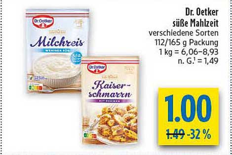 Dr. Oetker süße Mahlzeit verschiedene Sorten 112/165 g Packung 1 kg = 6,06–8,93 n. G.¹ = 1,49