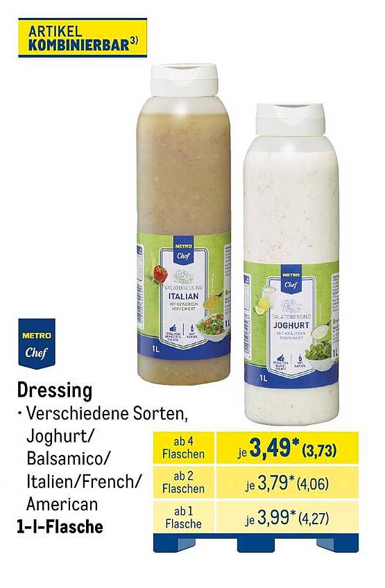 Dressing · Verschiedene Sorten, Joghurt/Balsamico/Italien/French/American 1-l-Flasche