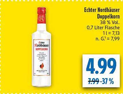 Echter Nordhäuser Doppelkorn 38 % Vol. 0,7 Liter Flasche