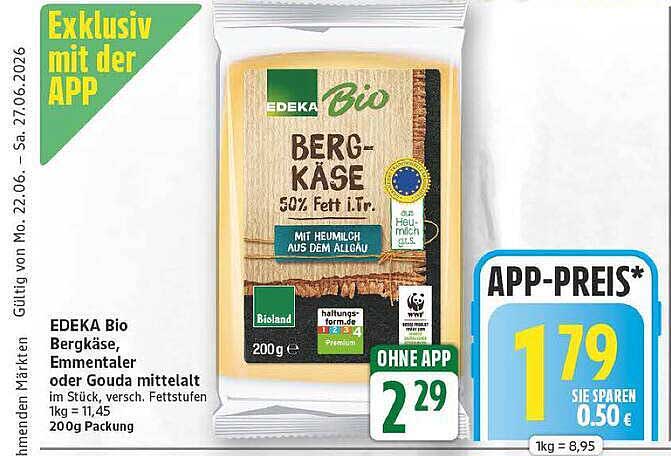 EDEKA Bio Bergkäse, Emmentaler oder Gouda mittelalt