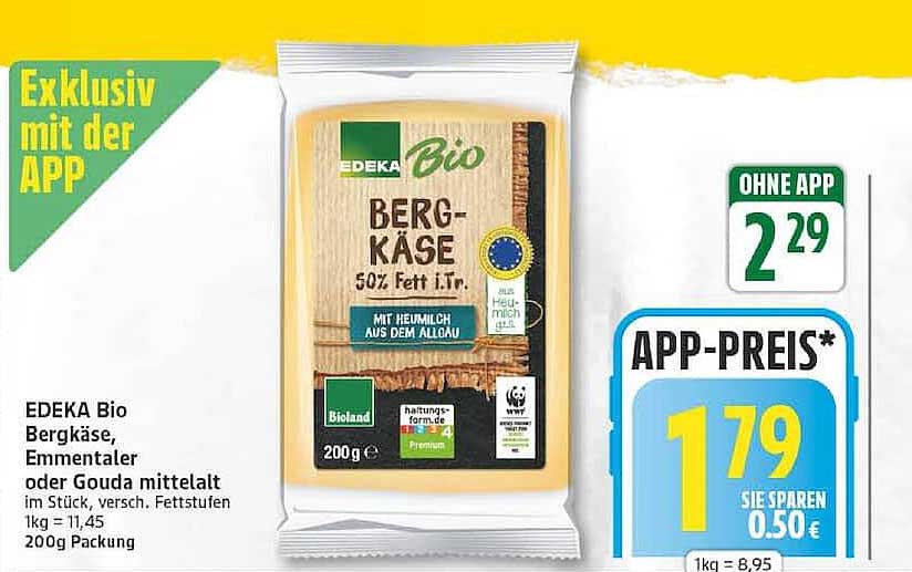EDEKA Bio Bergkäse, Emmentaler oder Gouda mittelalt