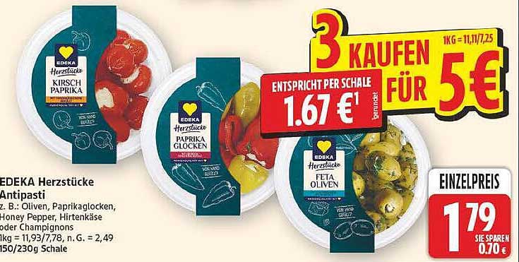 EDEKA Herzstücke Antipasti z. B.: Oliven, Paprikalocken, Honey Pepper, Hirtenkäse oder Champignons