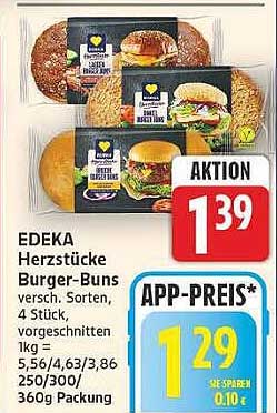 EDEKA Herzstücke Burger-Buns versch. Sorten, 4 Stück, vorgeschnitten 1kg = 5,56/4,63/3,86 250/300/360g Packung