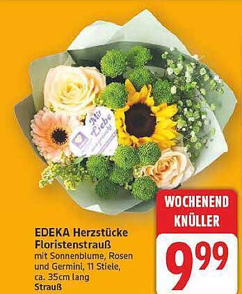EDEKA Herzstücke Floristenstrauß mit Sonnenblume, Rosen und Germini, 11 Stiele, ca. 35cm lang Strauß