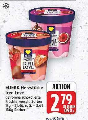 EDEKA Herzstücke Iced Love gefrorene schokolinierte Früchte, versch. Sorten 1kg = 21,46, n. G. = 3,69 130g Becher