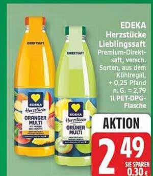 EDEKA Herzstücke Lieblingssaft Premium-Direktsaft, versch. Sorten, aus dem Kühlregal, +0,25 Pfand, n. G. - 2,79, 1 l PET-DPG-Flasche
