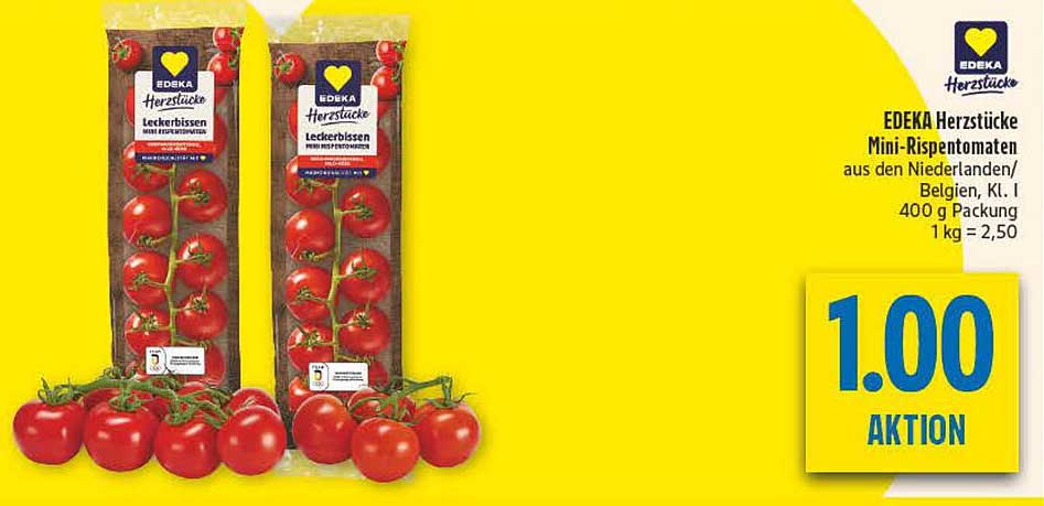 EDEKA Herzstücke Mini-Rispentomaten aus den Niederlanden/Belgien, Kl. I 400 g Packung 1 kg = 2,50