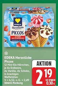 EDEKA Herzstücke PICCOS 12 Mini-Eis-Hörnchen, je 4x Erdbeere, 4x Vanille, 4x Schoko, in knackigen Waffeln 336ml Packung