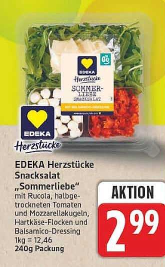 EDEKA Herzstücke Snacksalat „Sommerliebe“ mit Rucola, halbgetrockneten Tomaten und Mozzarellakugeln, Hartkäse-Ecken und Balsamico-Dressing