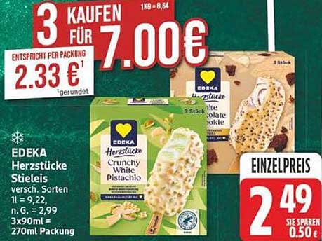EDEKA Herzstücke Stieleis versch. Sorten 11 = 9,22, 1l = 2,99, 3x90ml = 270ml Packung