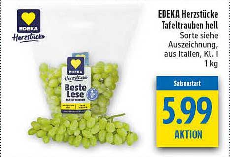 EDEKA Herzstücke Tafeltrauben hell Sorte siehe Auszeichnung, aus Italien, Kl. I 1 kg