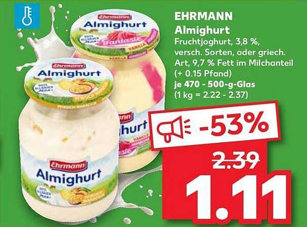 EHRMANN Almhurt Fruchtjoghurt, 3,8 %, versch. Sorten, oder griech. Art, 9,7 % Fett im Milchanteil (+ 0.15 Pfand) je 470 - 500-g-Glas (1 kg = 2.22 - 2.37)