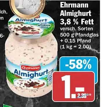 Ehrmann Almighurt 3,8 % Fett versch. Sorten 500 g Pfandglas + 0.15 Pfand (1 kg = 2.00)