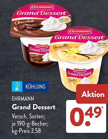 EHRMANN Grand Dessert Versch. Sorten; je 190-g-Becher; kg-Preis 2.58