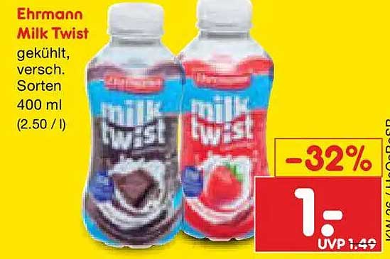 Ehrmann Milk Twist gekühlt, versch. Sorten 400 ml (2.50 / l)