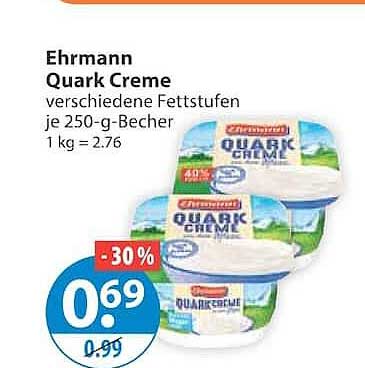 Ehrmann Quark Creme verschiedene Fettstufen je 250-g-Becher