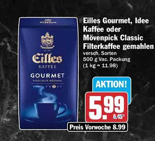 Eilles Gourmet, Idee Kaffee oder Mövenpick Classic Filterkaffee gemahlen versch. Sorten 500 g Vac. Packung (1 kg = 11.98)