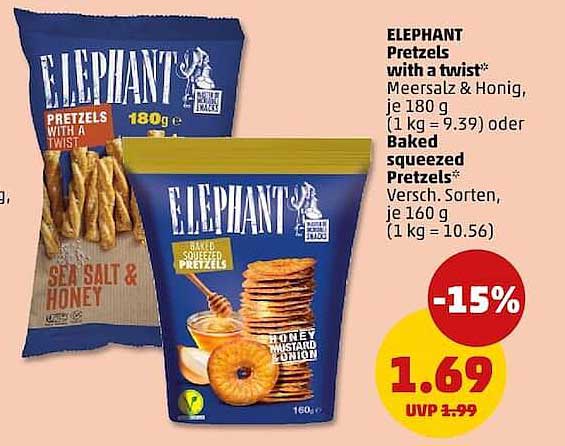 ELEPHANT Pretzels with a twist* Meersalz & Honig, je 180 g (1 kg = 9.39) oder Baked squeezed Pretzels* versch. Sorten, je 160 g (1 kg = 10.56)