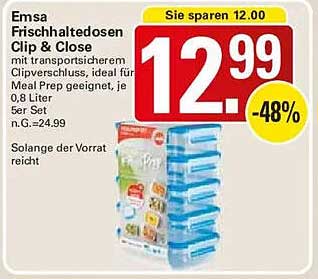 Emsa Frischhaltedosen Clip & Close mit transportsicherem Clipverschluss, ideal für Meal Prep geeignet, je 0,8 Liter, 5er Set, n.G.-24.99