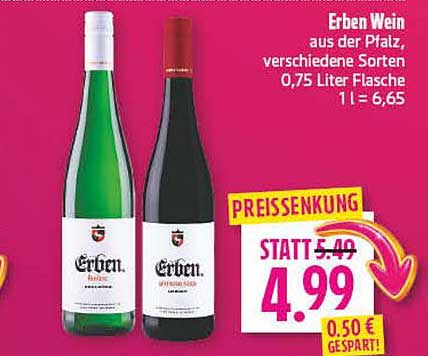Erben Wein aus der Pfalz, verschiedene Sorten, 0,75 Liter Flasche 1 l = 6,65