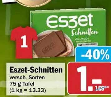 Eszet-Schnitten versch. Sorten 75 g Tafel (1 kg = 13.33)