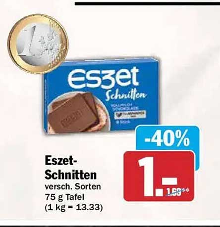 Eszet-Schnitten versch. Sorten 75 g Tafel (1 kg = 13.33)