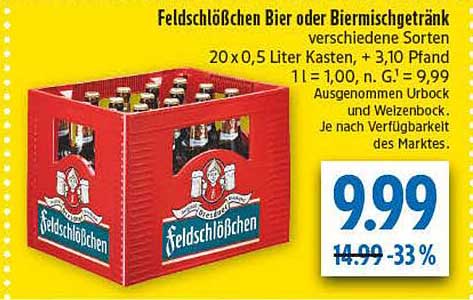 Feldschlösschen Bier oder Biermischgetränk verschiedene Sorten 20 x 0,5 Liter Kasten, + 3,10 Pfand