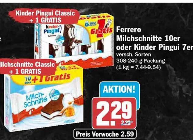 Ferrero Milchschnitte 10er oder Kinder Pingui 7er versch. Sorten 308-240 g Packung