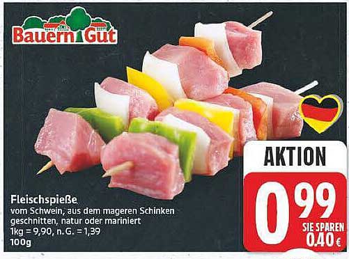 Fleischspieße vom Schwein, aus dem mageren Schinken geschnitten, natur oder mariniert