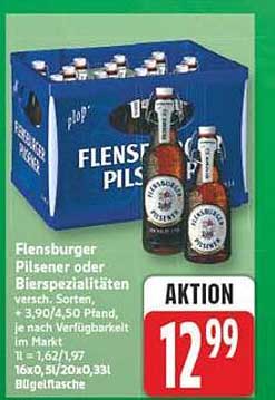 Flensburger Pilsener oder Bierspezialitäten versch. Sorten, +3,90/4,50 Pfand, je nach Verfügbarkeit 11x1,62l/9x 16x0,5l/20x0,33l Bügeltasche