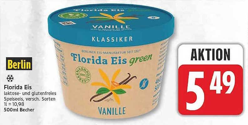 Florida Eis laktose- und glutenfreies Speiseeis, versch. Sorten 1l = 10,98 500ml Becher