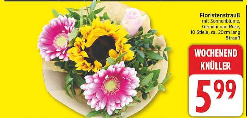 Floristenstrauß mit Sonnenblume, Germini und Rose, 10 Stiele, ca. 20cm lang Strauß