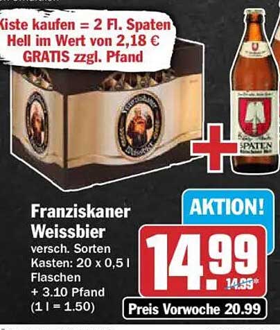 Franziskaner Weissbier versch. Sorten Kasten: 20 x 0,5 l Flaschen + 3.10 Pfand (1 l = 1.50)