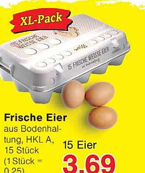 Frische Eier aus Bodenhaltung, HKL A, 15 Stück (1 Stück = 0,25)