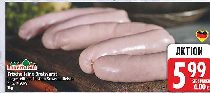 Frische feine Bratwurst hergestellt aus bestem Schweinefleisch