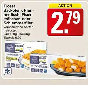 Frosta Backofen-, Pfannenfisch, Stäbchen oder Schlemmerfilet verschiedene Sorten gefrostet 240-450g Packung 1kg=ab 6.20