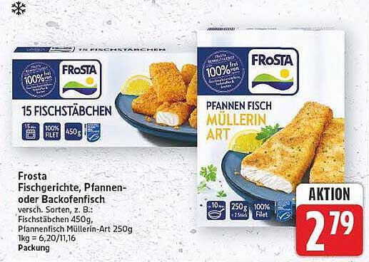 Frosta Fischgerichte, Pfannen- oder Backofenfisch, versch. Sorten, z. B.: Fischstäbchen 450g, Pfannenfisch Müllerin-Art 250g, Packung