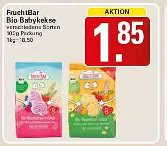 FruchtBar Bio Babykekse verschiedene Sorten 100g Packung 1kg=18.50