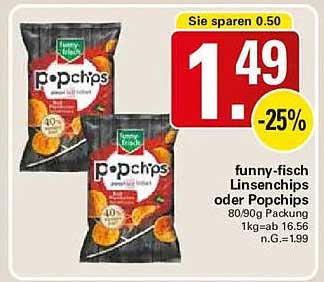 funny-fish Linsenchips oder Popchips 80/90g Packung 1kg=ab 16.56 n.G.=1.99