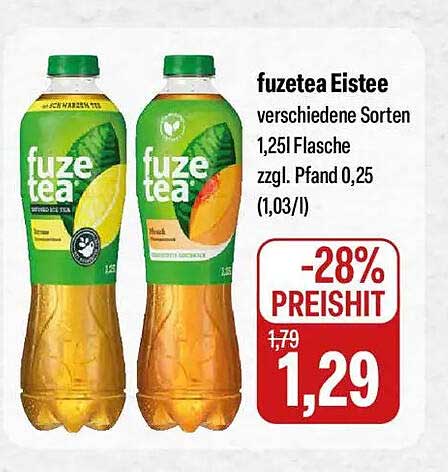 fuzetea Eistee verschiedene Sorten 1,25l Flasche zzgl. Pfand 0,25 (1,03/l)