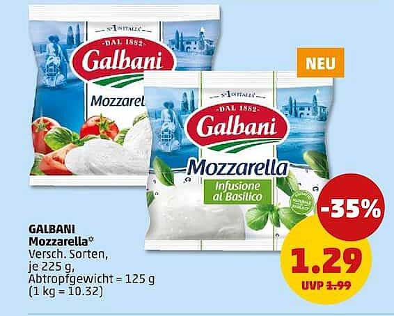 GALBANI Mozzarella* Versch. Sorten, je 225 g, Abtropfgewicht = 125 g (1 kg = 10.32)