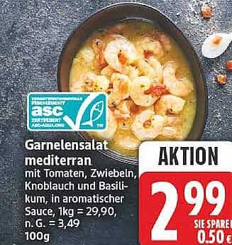 Garnelensalat mediterran mit Tomaten, Zwiebeln, Knoblauch und Basilikum, in aromatischer Sauce, 1kg = 29,90, n.G. = 3,49, 100g
