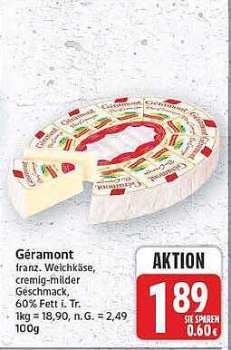 Géramont franz. Weichkäse, cremig-milder Geschmack, 60% F.i.Tr.